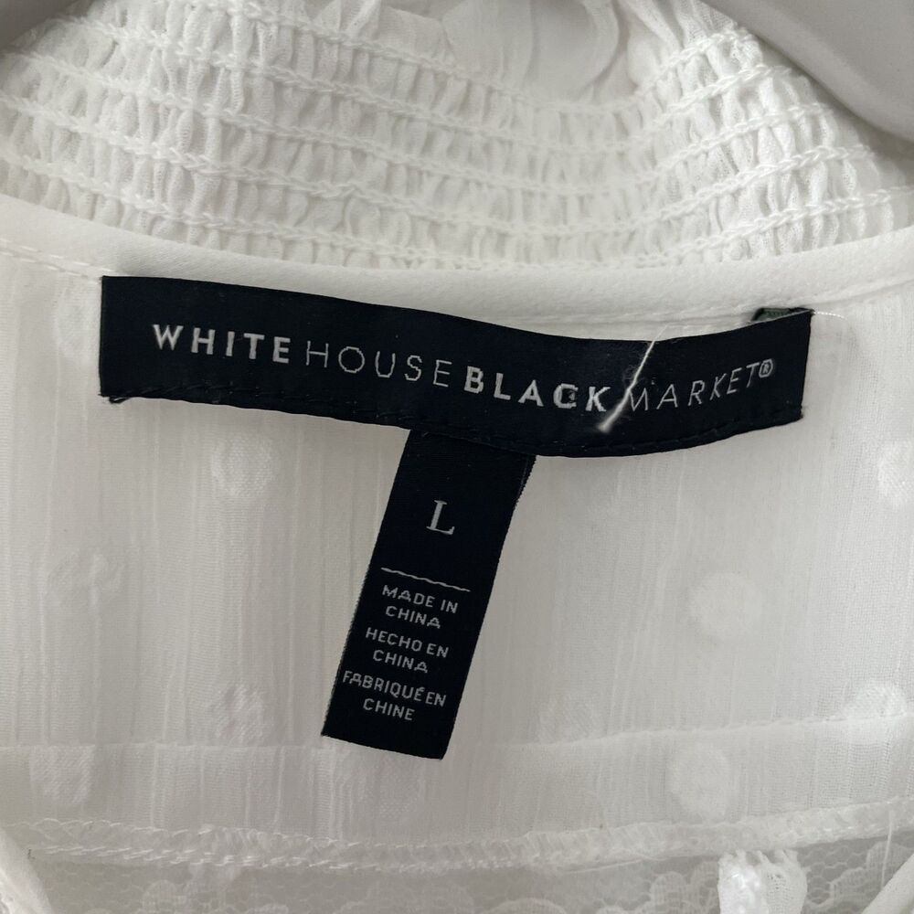 White House Black Market Lace Smocked Swiss Dot Blouse White Size L - Picture 4 of 15